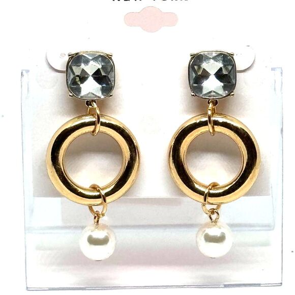 ISAAC MIZRAHI Gold Tone Crystal & Faux Pearl Dangling Post Earrings 2in approx - Picture 10 of 11